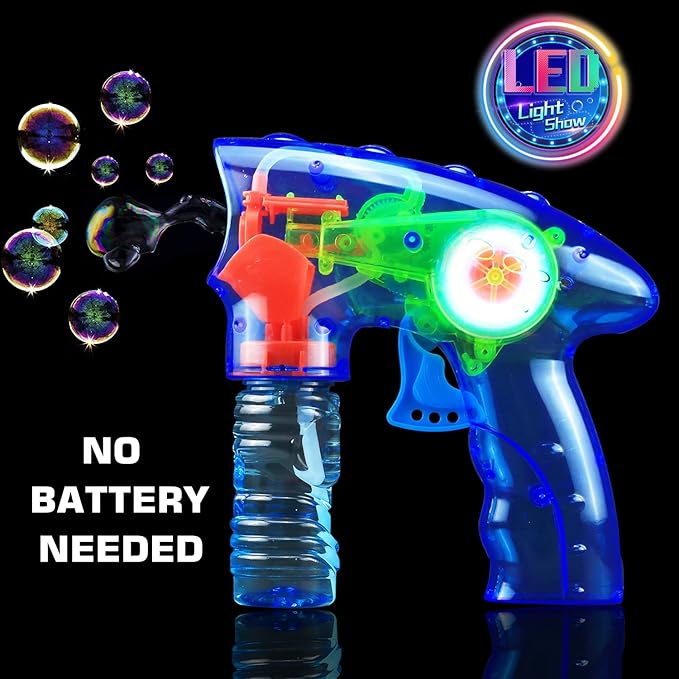 6 Pcs Bubble Gun Shooter LED Light up(no Batteries Needed), Wind up Operated Bubbles Blaster Blower with Bottle Solutions, Bubble Blowing Toy kit for Kid Boy and Girl Outdoor Summer Game Party Favor