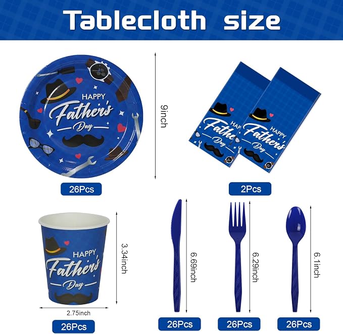 Childom Fathers Day Decorations for Party,132 Pcs Disposable Fathers Day Plates Tablecloth Cups Knives Spoons Forks for Party Supplies,Plates Tableware for Dads Birthday,Home,Brunch,Dinner,Serves 26