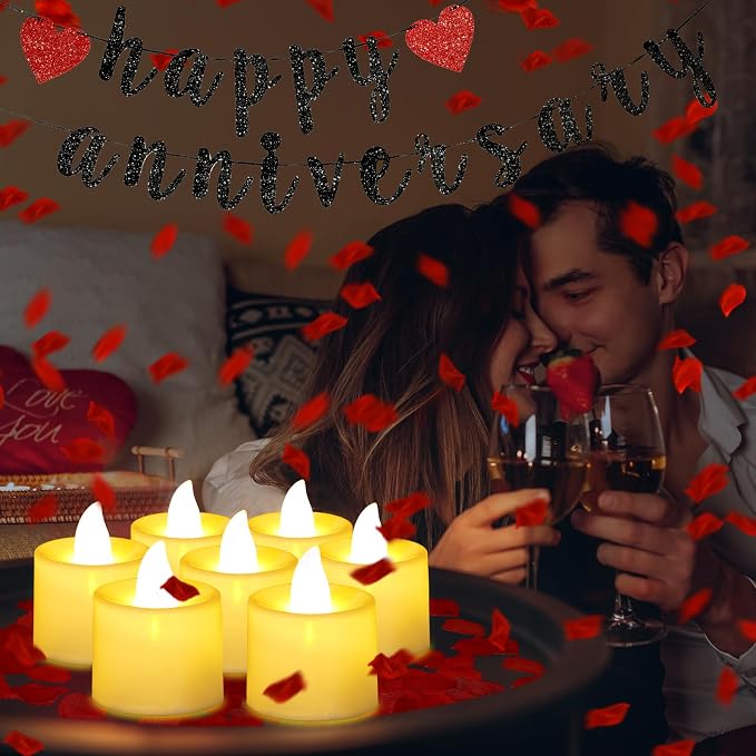Retisee Red Anniversary Decorations Happy Anniversary Banner Sign Romantic Feliz Aniversario Party Decoration Glitter Banner with 24pcs LED Candles 2000pcs Rose Petals for Home Party Night Wedding