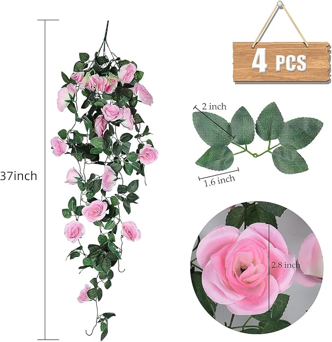 RECUTMS Artificial Pink Roses Fake Hanging Flower Plants, 4 PCS 37 Inch Silk Floral Ivy Garlands for Outdoors Home Room Garden Wedding Bridal Shower Friendship Valentine’s Day Indoor Party Decoration