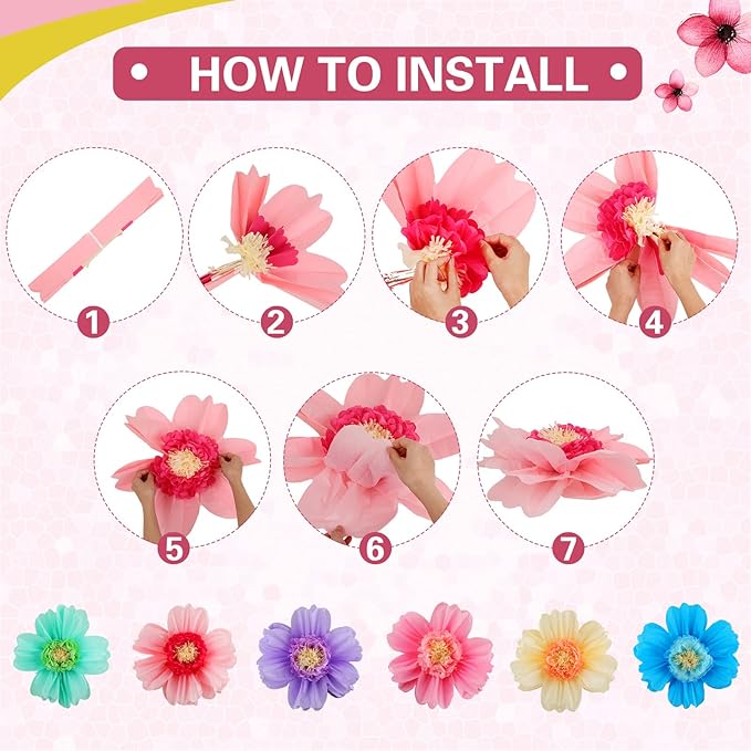 Crowye 12 Pcs Large Colorful Tissue Paper Flowers Decorations Giant Fiesta Craft Crepe Paper Flowers for Wall Decor Backdrop Mexican Wedding Birthday Carnival Party (10'' 20'',Colorful)