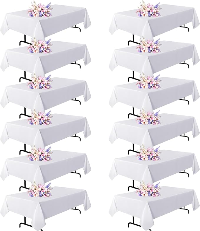 12 Pack White Table Cloth Rectangle Table 60 x 102 Inch Tablecloth for 6ft Tables, Stain and Wrinkle Resistant Polyester Washable Fabric Tablecloth for Wedding Banquet, Restaurant, Parties