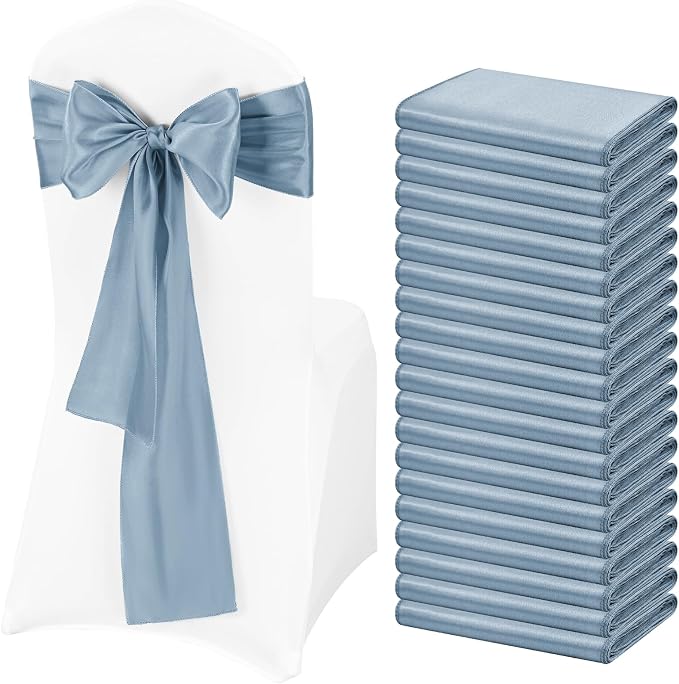 Pesonlook 60 PCS Dusty Blue Satin Chair Sashes Bows Satin Chair Sashes Universal Chair Cover for Wedding Reception Restaurant Event Decoration Banquet,Party,Hotel Event Decorations (7 x 108 inch)