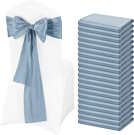Pesonlook 60 PCS Dusty Blue Satin Chair Sashes Bows Satin Chair Sashes Universal Chair Cover for Wedding Reception Restaurant Event Decoration Banquet,Party,Hotel Event Decorations (7 x 108 inch)