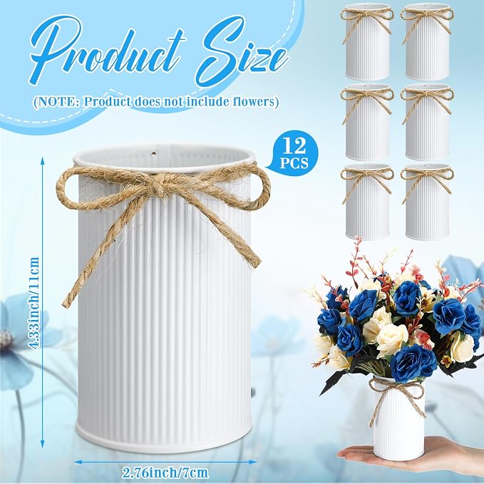Rustic Vase for Table Centerpieces 4.33 Inch Small Petite Flower Vase with Twine Bow Vintage Farmhouse Decor for Wedding Reception Dining, Home Galvanized Metal Buckets(White,12 Pcs)