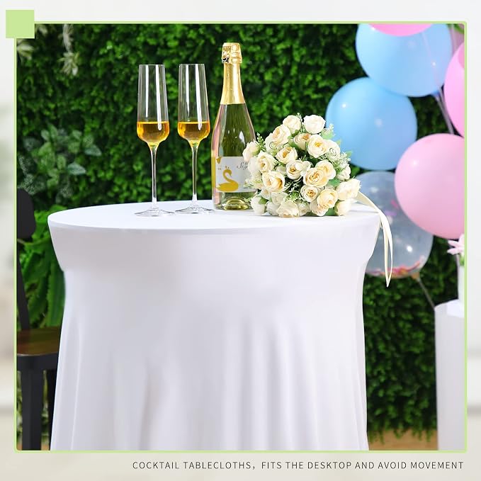 Tegeme 4 Packs Round Spandex Cocktail Tablecloths with Skirt 32 x 43 Inch Cocktail Round Table Cover Spandex Stretch Square Tablecloth Skirt for Table Bar Wedding Party Banquet (White)