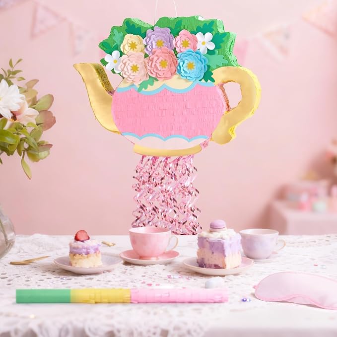 WERNNSAI Teapot Piñata - Tea Party Decoration Garden Flower Piñata for Afternoon Tea Party Decor Bridal Baby Shower Garden Party Supply Mother’s Birthday Favor with Blindfold Stick