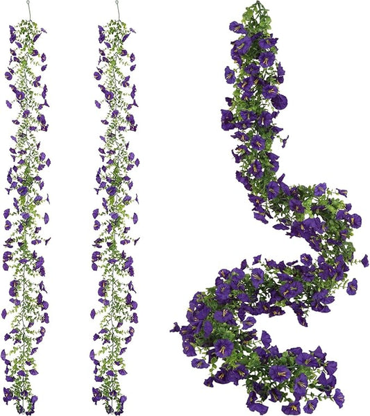 2 Pack Artificial Petunias Flowers Garlands, 6FT Purple Fake Morning Glory Flowers Eucalyptus Vine for Decoration Silk Flowers for Outdoor Home Garden Wall Wedding Decor(Purple)