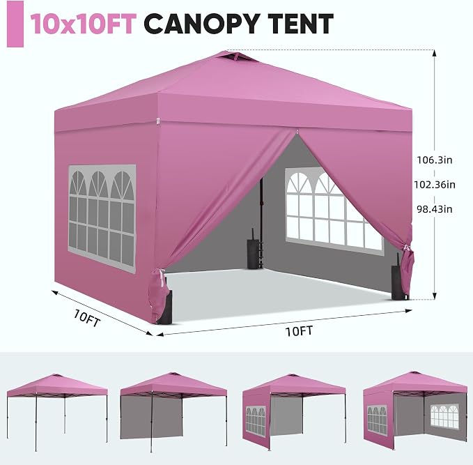 GDY 10x10 Pop Up Canopy Tent with 4 Sidewalls, Easy Set up, Outdoor Silver Coated Beach Gazebos, Carpas with 4 Sandbags, for Outdoor, Parties,Camping, Pink.