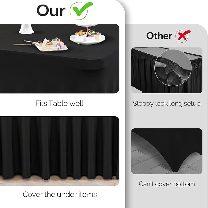 Wish Care 8 Pack Black Spandex Table Clothes for 8 Foot Rectangle Tables, 8FT Wrinkle Free Fitted Tablecloths Ruffles Design Table Cloth for Party, Banquet, Wedding and Events