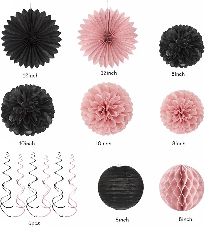 Blush-Pink Black Happy-Birthday Banner Party-Decorations - 31pcs 14th 40th Rose Gold Women Girls Paper Lanterns Streamers,Tissue Paper Flowers Pom Poms Fans Tassel Garland Sign Decor Backdrop Hugmoon