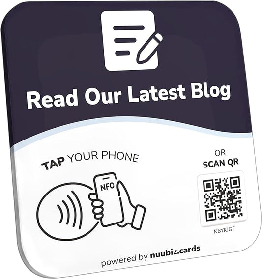 NFC Business QR Code Sign Plate for Reading Your Blog – Drive Offline Engagement Online – Works Like Review Tap Card & Social Media Sign – No App or Fees – Includes Stand or Adhesive