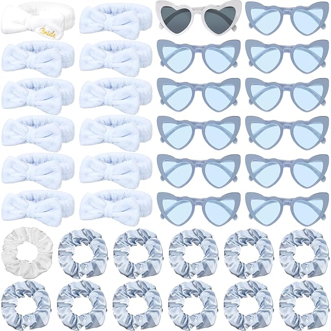 Geiserailie 36 Pcs Bachelorette Party Accessories 12 Bride Spa Headbands 12 Bridesmaid Scrunchies Ties 12 Bachelorette Sunglasses Bridesmaids Proposal Gifts for Wedding Party Favors(Dusty Blue)