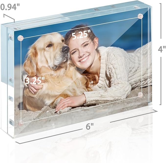 TWING 4x6 Acrylic Picture Frames,24MM Thick Double Sided Magnetic Clear Photo Frame, HD Frameless Magnetic Photo Frame Display for Desktop Gift Ideal, Cleaning Cloth Included