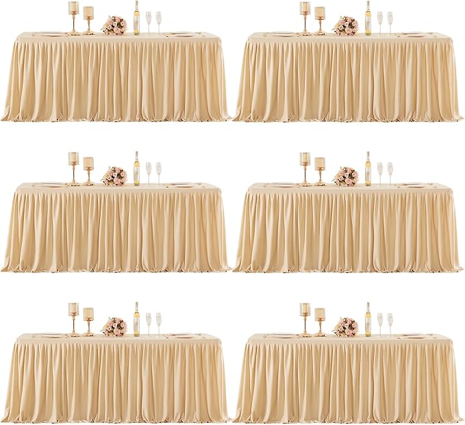 6 Packs Dark Champagne Tableclothes for 8 Foot Rectangle Tables, Wrinkle Free Fitted Table Cloth 8ft Stretch Table Cover with Skirt for Parties Weddings Birthday Banquet Baby Shower