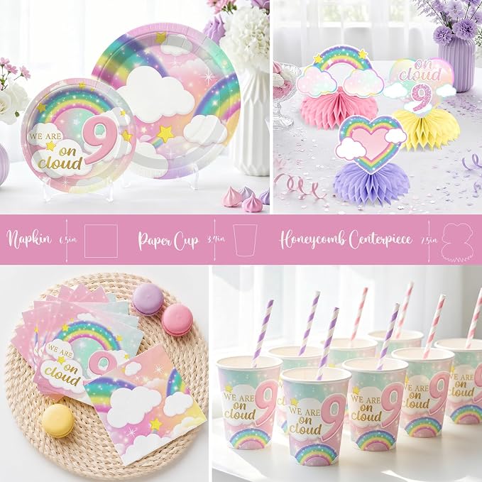 Xynic 200Pcs On Cloud 9 Birthday Decorations for Girls, All-in-One Party Supplies Includes Banner, Cake Toppers, Foil Balloons, Plates and Napkins, Easy Setup On Cloud Nine Party Decor, Serves 25