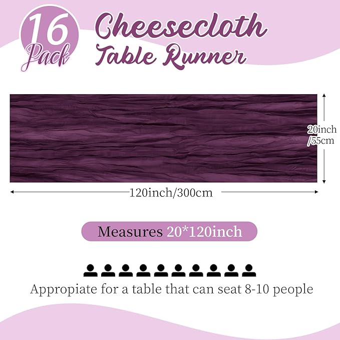 16 Pack Dark Purple Cheesecloth Table Runners 20x120 Inch Gauze Table Runner 10FT Easter Cheese Cloth Table Runner Rustic Sheer Runner for Wedding Baby Shower Birthday Party Table Decor