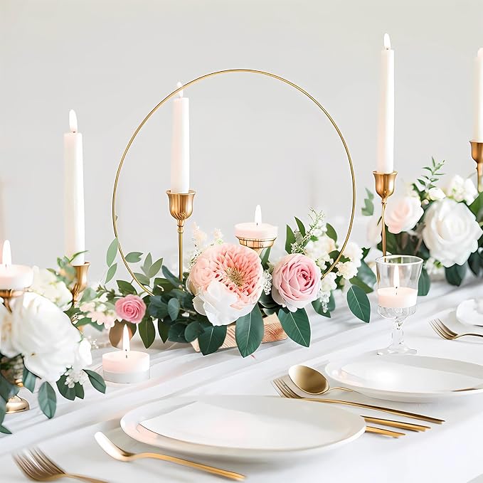 12Pcs 12 Inch Floral Hoop Centerpiece Table Decorations, Metal Gold Center Pieces Decoration for Table with Wood Base, Table Centerpieces for DIY Wedding Decor Wall Hanging Crafts