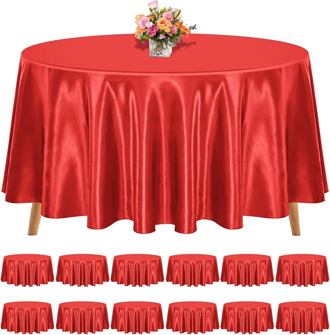 12 Pack 108 Inch Round Tablecloth, Red Satin Fabric Table Cloth for Round Tables, Wrinkle Resistant Washable TableCover Bright Silk Table Clothes for Wedding Party Dining Tables Banquet