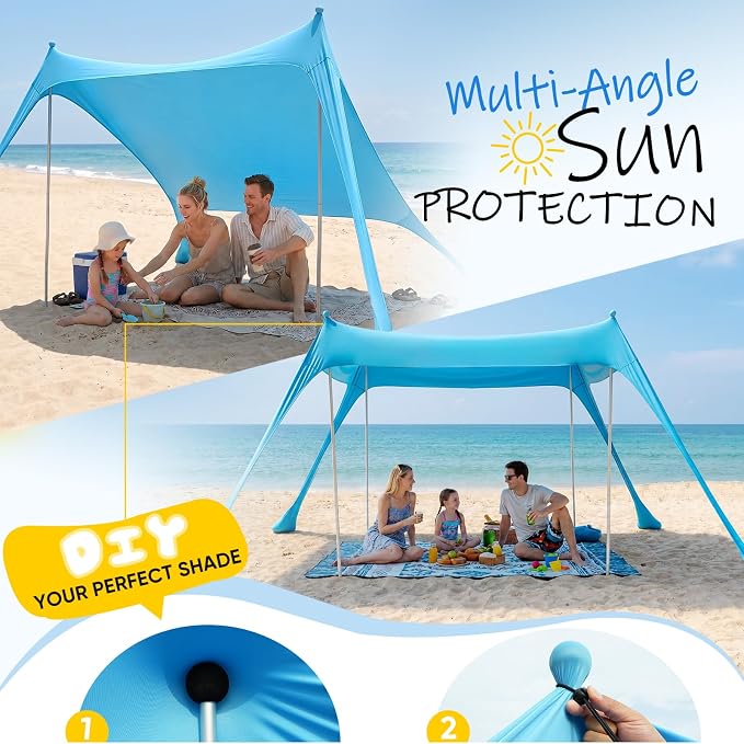 Sekey Aluminum Beach Shade Sun Shelter UPF 50+ - 10x10 FT Portable Beach Canopy with Windproof Rope & Stability Poles, Easy Setup Outdoor Tent for Camping, Backyard, Fishing, Picnics