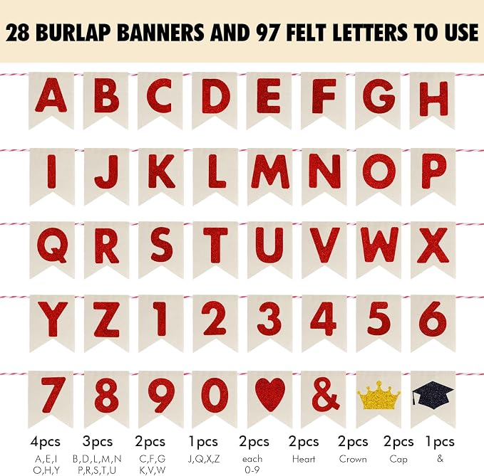 Custom Banner Kit, 28 Burlap Banner with 92 Felt Letters, Make Your Own Diy Customizable Kit for Birthday Wedding Party Decorations