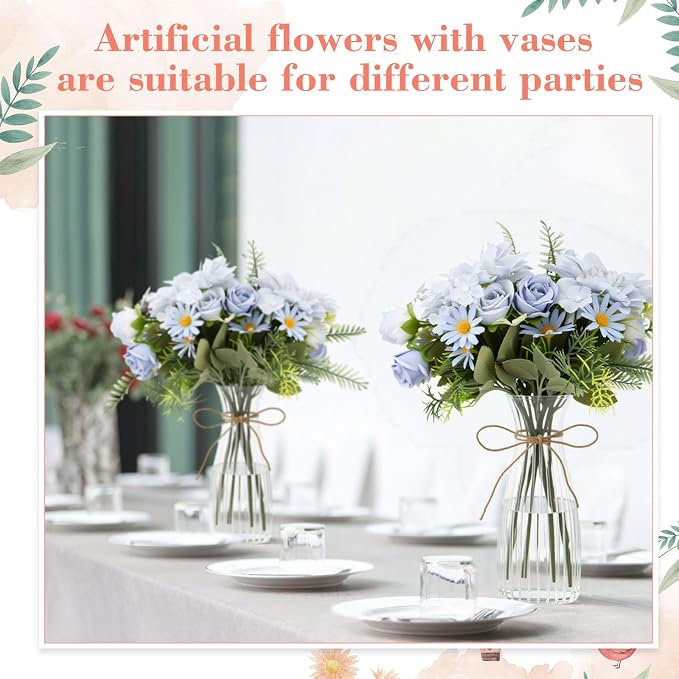 Reallnaive 30 Pack Artificial Flowers Table Centerpieces Decorations with Plastic Vase Wedding Mason Jar 20 Bundles Silk Floral Bouquet 10 Clear Vase with Rope for Party Decor(Dahlia,Blue)