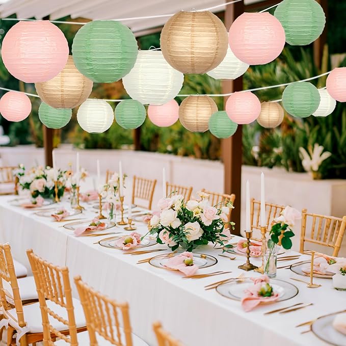 ADLKGG Paper Lanterns Party Decorative, Hanging Paper Lanterns for Sage Green Wedding Valentines Day Decorations Bridal Shower Birthday Neutral Baby Shower Decor Sage Green/Pink/Brown 21pcs