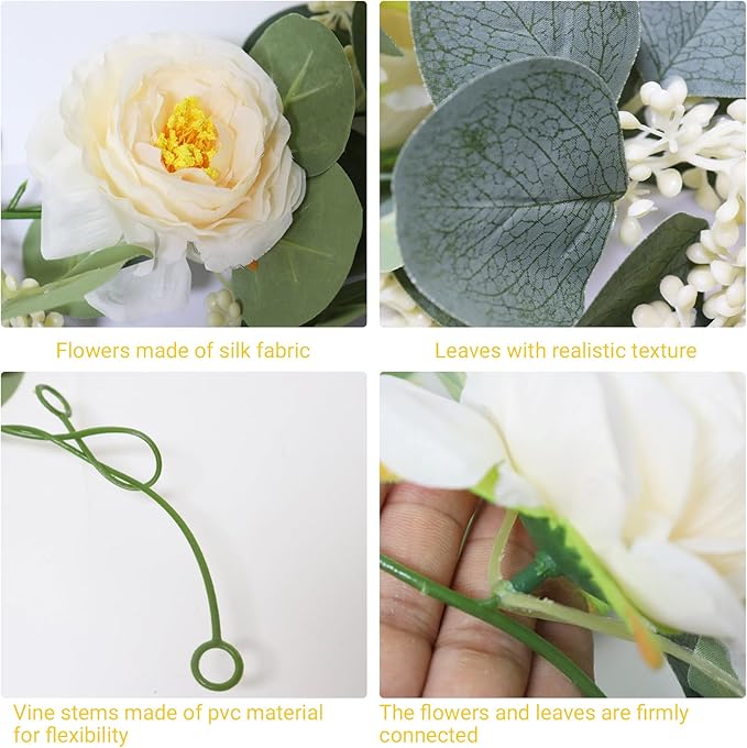 2 Packs Eucalyptus Garland with Flowers, 6.56ft Artificial Flower Greenery Garlands Natural Looking, Floral Garland Rose Vines for Party Wedding Table Backdrop Wall Decor