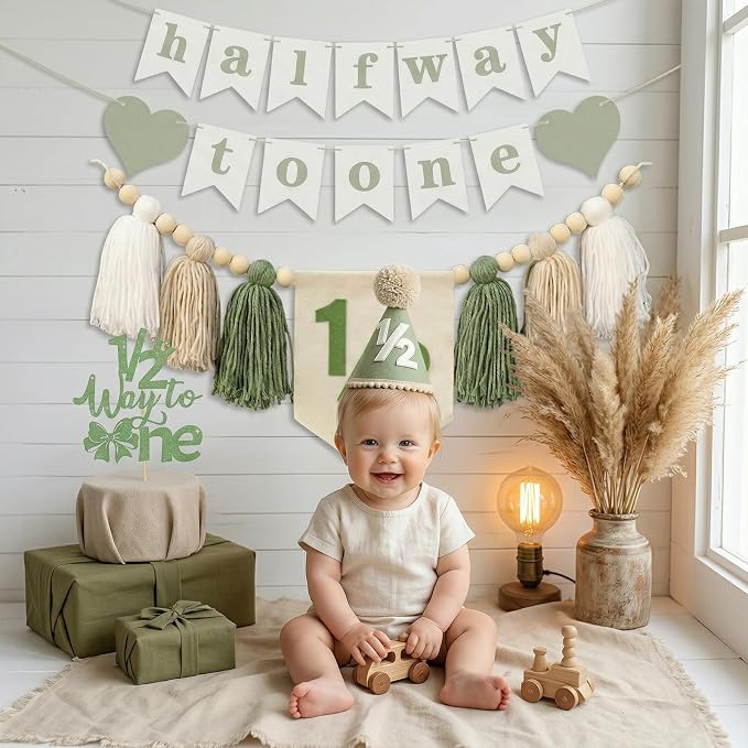 Baby First Birthday Party Decorations First Highchair Banner For Baby Boys Blue High Chair Banner Crown Cake Topper Baby Photo Banner 1st Birthday Photo Backdrop (1/2 Green)