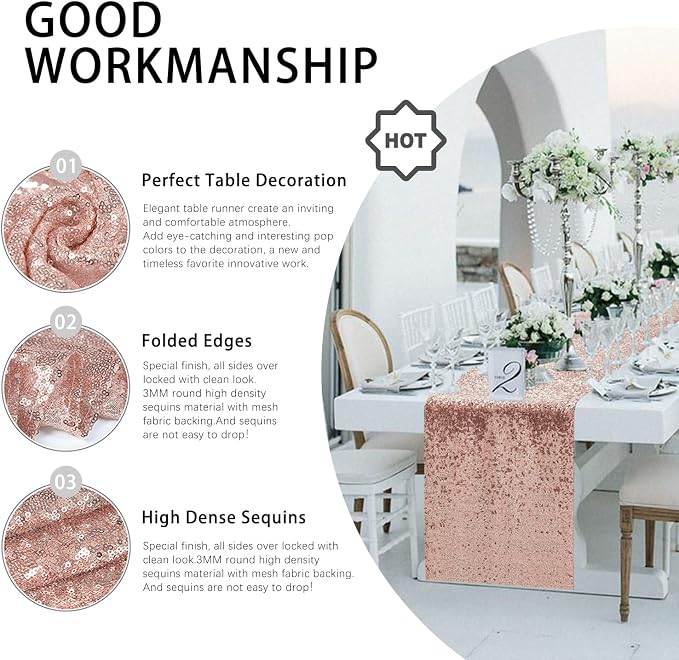 10 Packs 12 x 72 inches Rose Gold Sequin Table Runner, Glitter Runner for Birthday Party Supplies Wedding Holiday Celebration Baby Shower Engagement Anniversary Decor