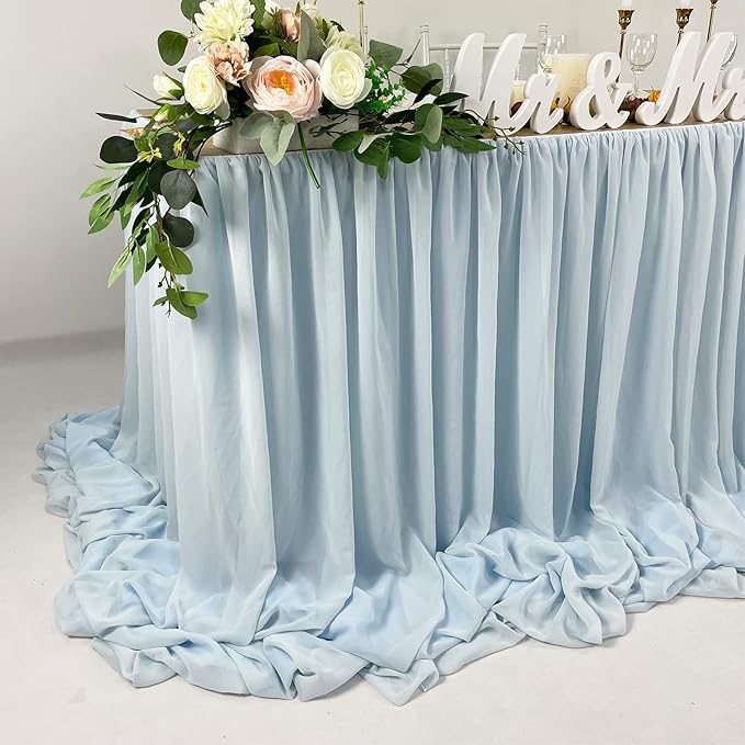 Pooling and Floating Chiffon Table Skirt with extra length, 6FT 9FT 14FT Sheer Tablecloth, Baby Shower, Birthdays Party, Main Cake Table Decoration, Wdding Table Skirt (Blue, 6FT)