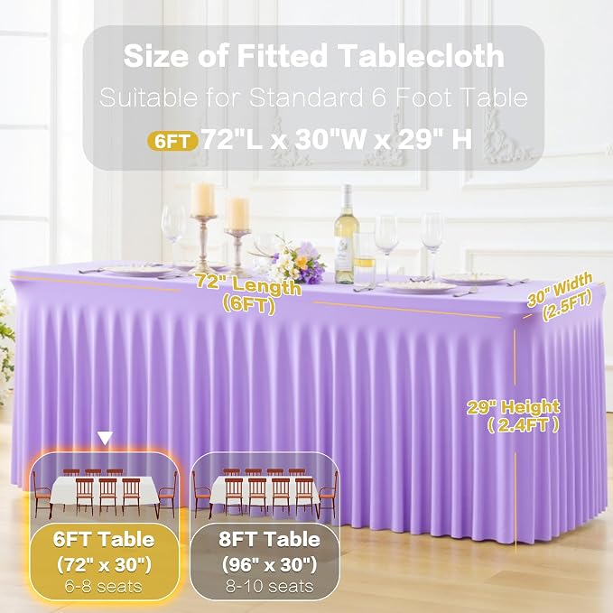 gogoparti 8 Pack Spandex Purple Fitted Table Cloth for 6ft Rectangle Tables Purple Stretch Tablecloth Table Covers Skirt Banquet Wrinkle Free Tablecloths for Parties Wedding