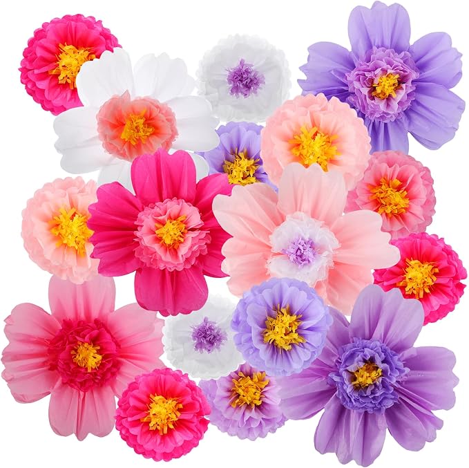Crowye 12 Pcs Large Colorful Tissue Paper Flowers Decorations Giant Fiesta Craft Crepe Paper Flowers for Wall Decor Backdrop Mexican Wedding Birthday Carnival Party (10'' 20'',Bright Color)