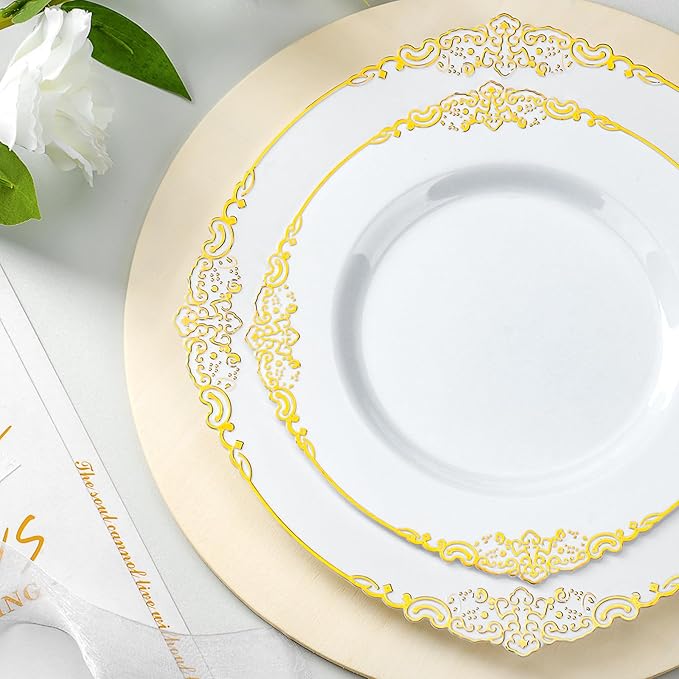 Bestluck 350PCS Gold Plastic Plates for 50 Guests, Disposable Dinnerware Sets Include 100 Gold Rim Plastic Plates, 50 Silverwares, 50 Cups, and 50 Pre Rolled Napkins for Party, Wedding, Graduation