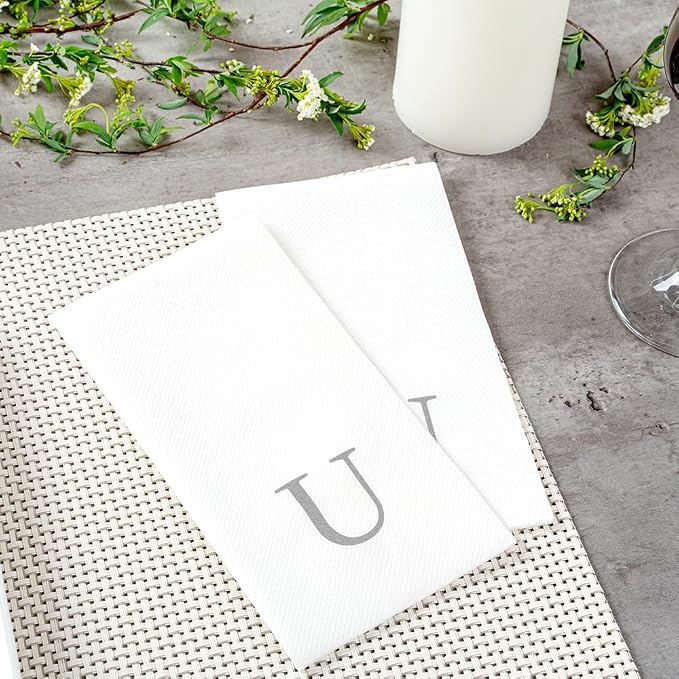 Luxenap 15.8 X 7.9 Inch Linen-Feel Guest Towels, 2000 Lettered Hand Towels - Silver Letter 'U', Sans Serif Font, White Paper Dinner Napkins, airlaid, For Restrooms And Tables - Restaurantware