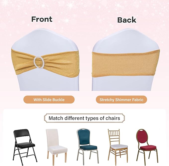 SquarePie Pack of 100 Gold Chair Sashes Bows with Buckle Slider Universal Elastic Spandex Bands Ties for Banquet Event Decor