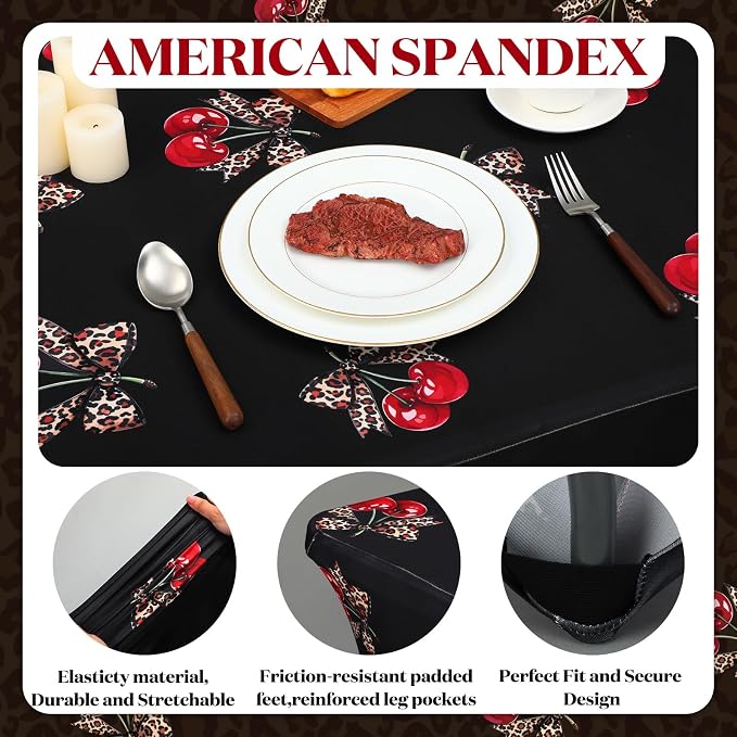 Frienda 1 Pcs Cheetah and Cherry Tablecloth Birthday Party Decorations Spandex Stretch 71 x 30'' Red and Black Cherry Table Cloth Rectangle Table Cover for Birthday Baby Shower Wedding Party Favors