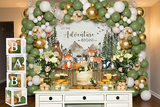 140PCS Woodland Adventure Baby Shower Decorations, Let The Adventure Begin Mountain Baby Shower Supplies, Sage Green Balloon Garland Kit, BABY Boxes, Backdrop Banner