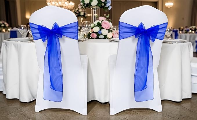 MDS® Pack of 25 Organza Chair Sashes for Wedding Decoration, Reusable Sheer Chair Bows for Banquet Chair Cover, Reception, Bridal Shower, Baby Shower, Birthday Party & Special Events - Royal Blue
