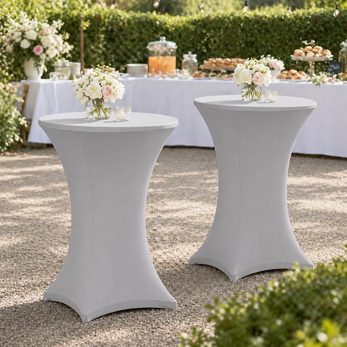 Cocktail Table Covers - 6 Pack 32x43 Inch Table Cloth - Light Grey Fitted Stretch Spandex Round High Top Tablecloth for Party, Bar, Birthday, Pub, Banquet