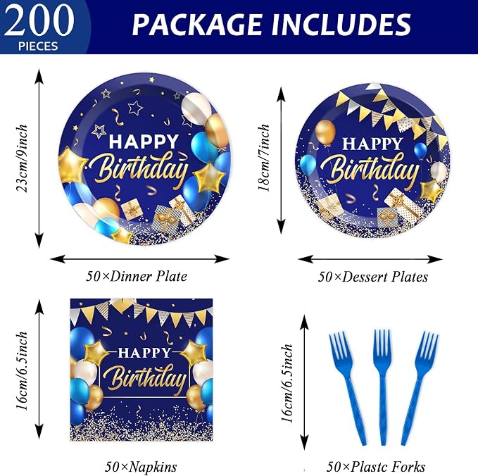 gisgfim 50 Guests Blue and Gold Birthday Plates and Napkins Party Supplies Navy Blue Party Tableware Set Blue Birthday Decorations Favors for Men Women Baby Shower 200 PCS