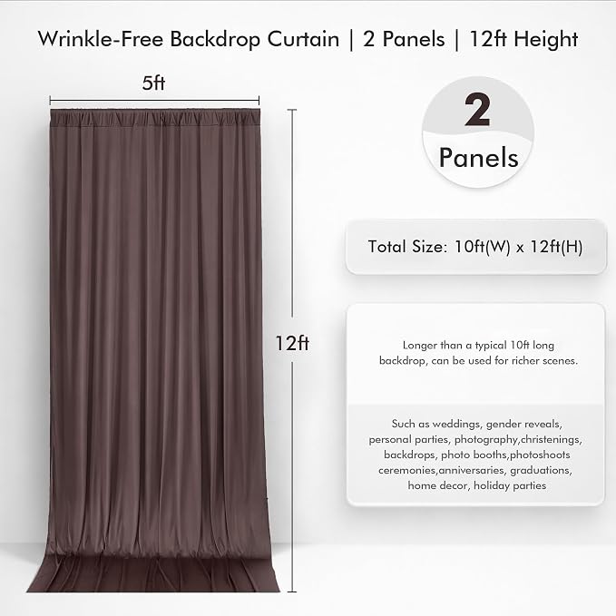 10ftx12ft Wrinkle Free Brown Backdrop Curtain, 2 Panels 12FT Height Wedding Coffe Backdrop Drapes, Silky Polyester Back Drop Cloth for Birthday Photography Background Party Backdrop Draping