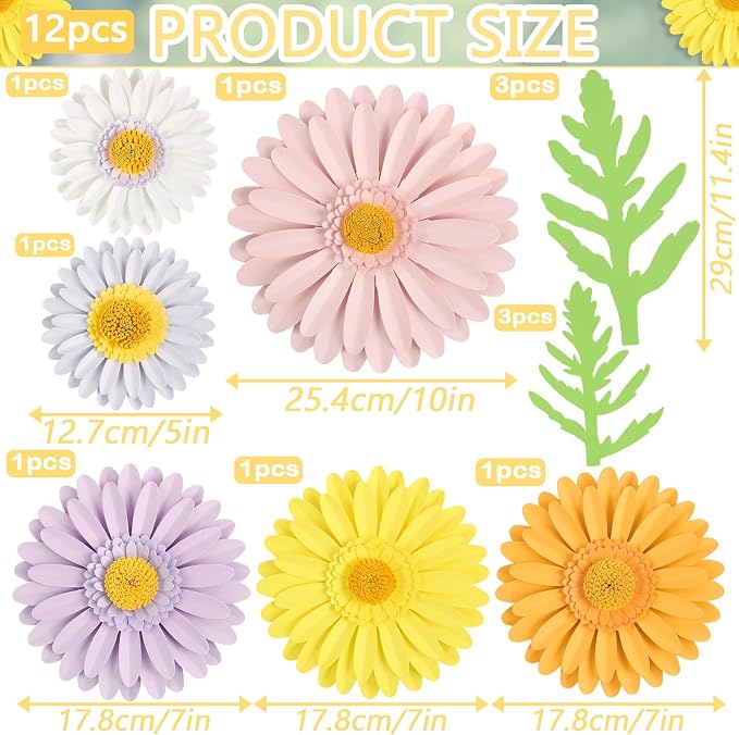SUNBEAUTY Daisy Party Decorations, Paper Flowers, Flower Wall, Purple Yellow Flowers Wall Hanging, 1st Birthday Bridal Baby Shower Wedding Classroom Tea Party Daisy Décor 10" 7" 5" Pack of 12