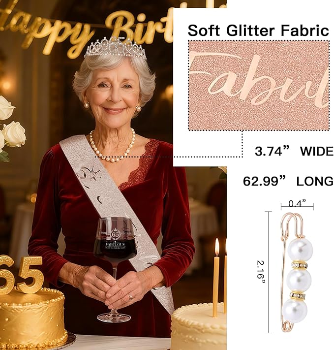 65TH Birthday Gifts for Women,Vintage Engraved 65th Wine Glass,65 Year Old Birthday Decorations For Her,65&Fabulous Sash and Tiara For Women,Friends,Sister-Turning 65th Party Favor Supplies