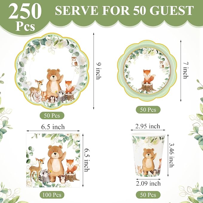 Funnymoom 250 Pcs Woodland Baby Shower Party Decorations Safari Animals Paper Plates Napkins and Cups Disposable Tableware Set for Birthday Baby Bridal Shower Wedding Party Supplies, Serves 50