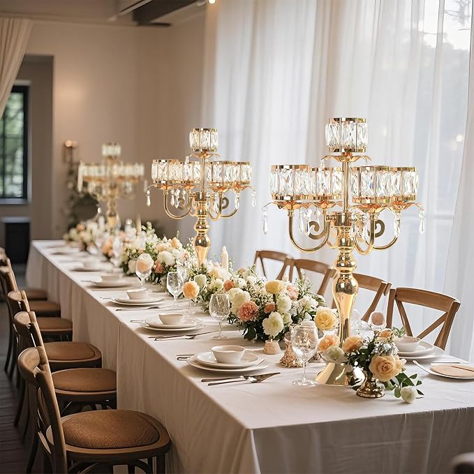 1PC Gold 5-Arm Crystal Pendant Metal Candle Holder with Square Crystal Bowl, 22-Inch Tall Wedding Table Centerpiece for Holiday Party Events, Christmas, Birthday Decorations