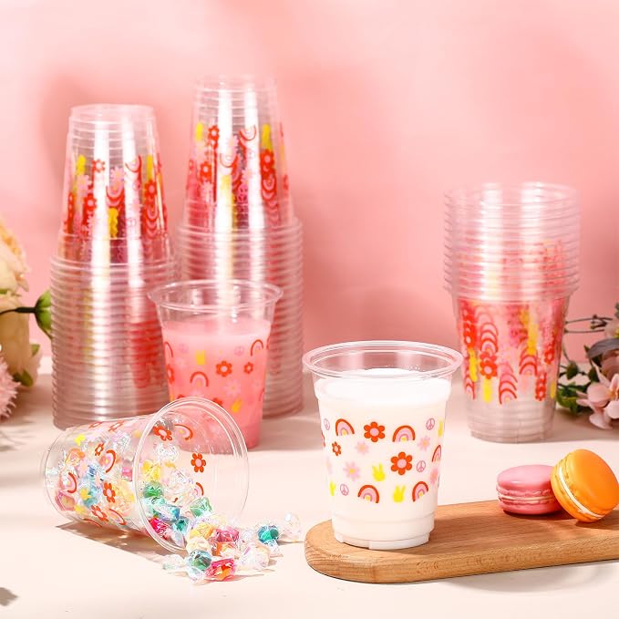 Funnymoom 60 Pack Groovy Cup 12 oz Daisy Flower Disposable Clear Plastic Boho Retro Hippie Drinking Cups for 60s 70s Groovy Themed Birthday Baby Shower Party Decorations Supplies