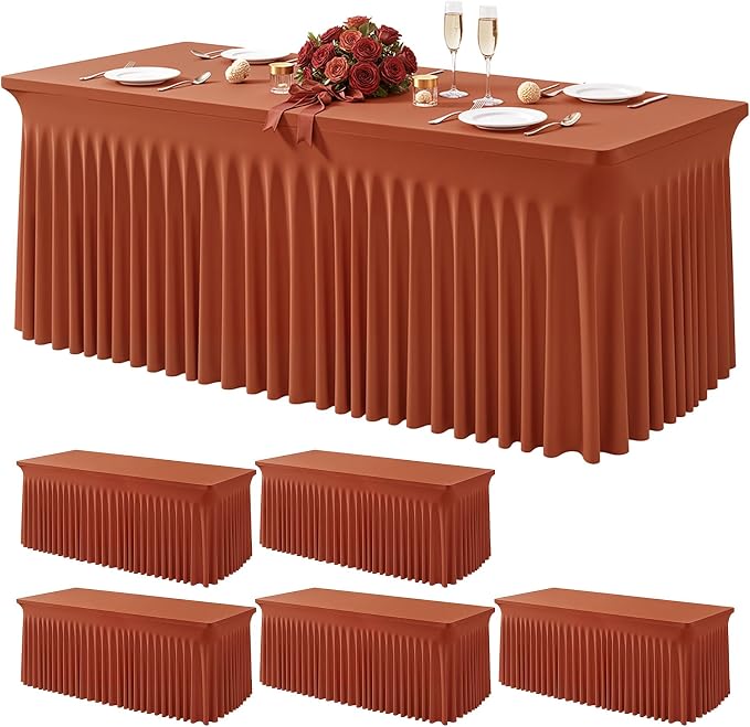 Wish Care 6 Pack Rust Spandex Table Clothes for 6 Foot Rectangle Tables, 6FT Wrinkle Free Fitted Tablecloths Ruffles Design Table Cloth for Party, Banquet, Wedding and Events