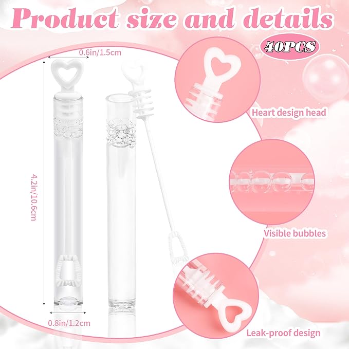 FOIMAS 40pcs Mini Wedding Bubble Wand,White Heart Bubble Wand for Guest Wedding Party Favor Bachelorette Party Valentines Day Party Decoration Supply