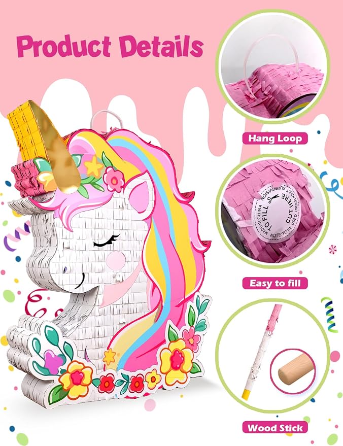 Unicorn Piñata for Birthday Party Girl, Princess Party Piñata with Wood Stick, Blindfold & Confetti, Rainbow Unicorn Birthday Decoration (15.6"x12.6"x3.1")